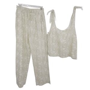 Lucy Paris Linen Blend Women L Top Pants Set Preppy Summer Boho Tropical Coastal